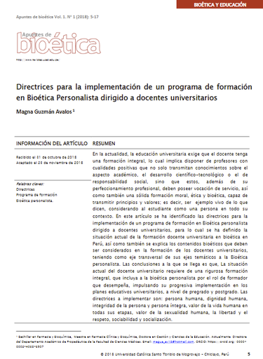 Directrices para la implementación de un programa de formación en Bioética Personalista dirigido a docentes universitarios