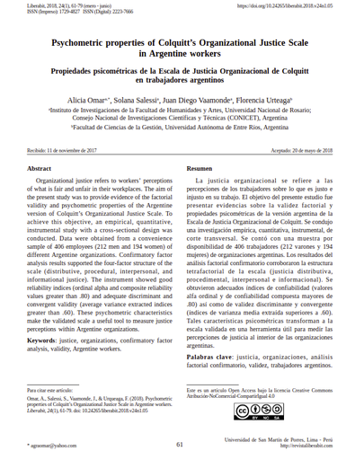 Psychometric  properties  of  Colquitt's  Organizational  Justice  Scale in Argentine workers