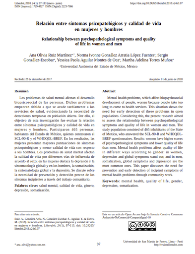Relación entre síntomas psicopatológicos y calidad de vida en mujeres y hombres