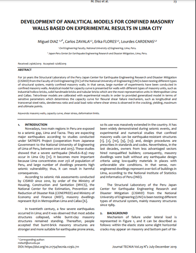 Development of analytical models for confined masonry walls based on experimental results in Lima city