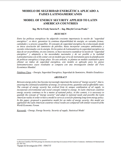 MODELO DE SEGURIDAD ENERGÉTICA APLICADO A PAISES LATINOAMERICANOS