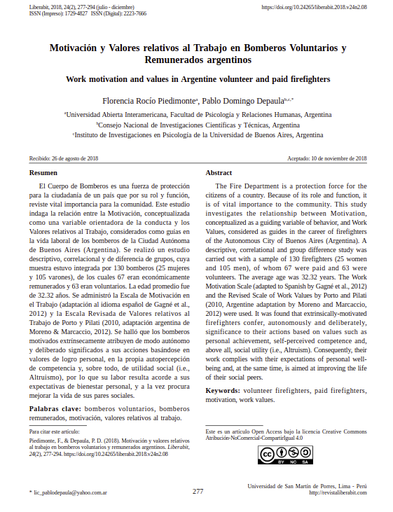 Motivación y valores relativos al trabajo en bomberos voluntarios y remunerados argentinos