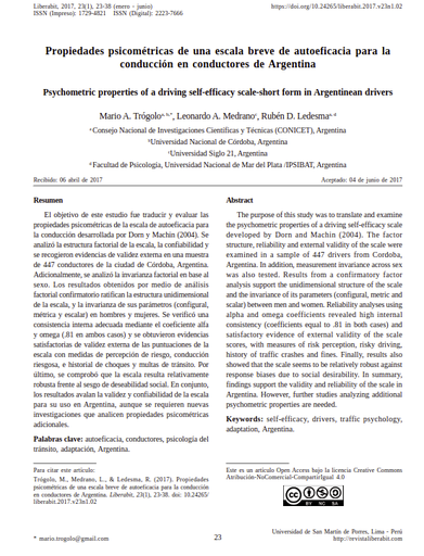 Propiedades psicométricas de una escala breve de autoeficacia para la conducción en conductores de Argentina