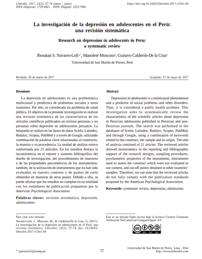 La investigación de la depresión en adolescentes en el Perú: una revisión sistemática