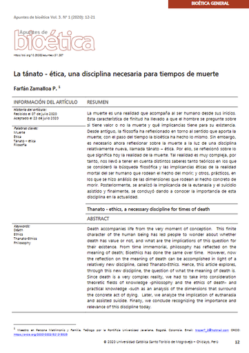 La tánato - ética, una disciplina necesaria para tiempos de muerte