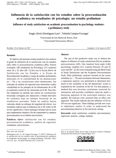 Influencia de la satisfacción con los estudios sobre la procrastinación académica en estudiantes de psicología