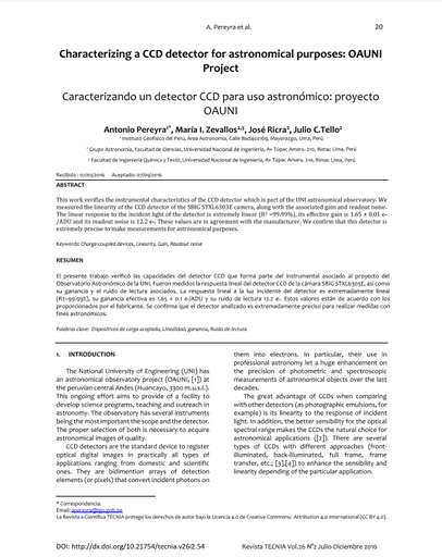 Caracterizando un detector CCD para uso astronómico: proyecto OAUNI