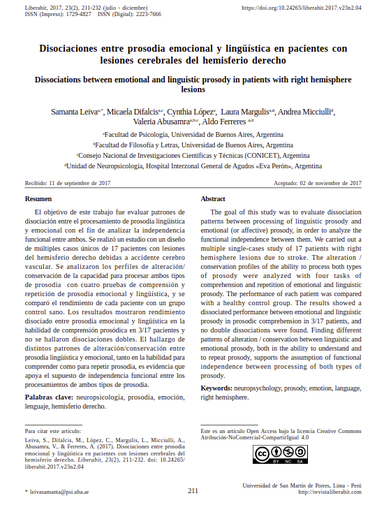 Disociaciones entre prosodia emocional y linguística en pacientes con lesiones cerebrales del hemisferio derecho