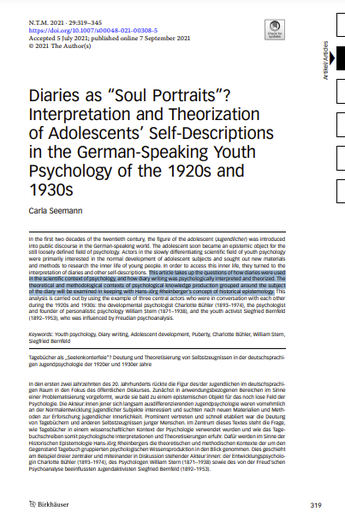 Diaries as &quot;Soul Portraits&quot;? Interpretation and Theorization of Adolescents' Self-Descriptions in the Youth Psychology 20s-30s