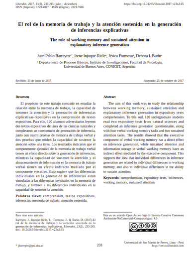 El rol de la memoria de trabajo y la atención sostenida en la generación de inferencias explicativas