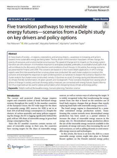 Five transition pathways to renewable energy futures-scenarios from a Delphi study on key drivers and policy options