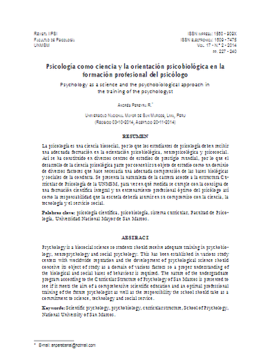 Psicología como ciencia y la orientación psicobiológica en la formación profesional del psicólogo