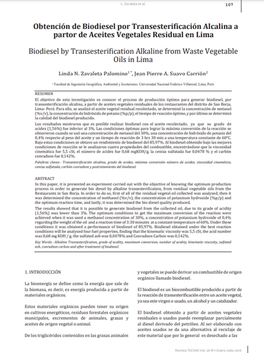 Obtención de Biodiesel por Transesterificación Alcalina a partor de Aceites Vegetales Residual en Lima