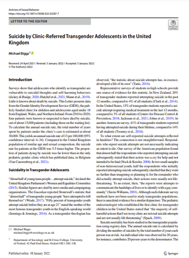 Suicide by Clinic-Referred Transgender Adolescents in the United Kingdom