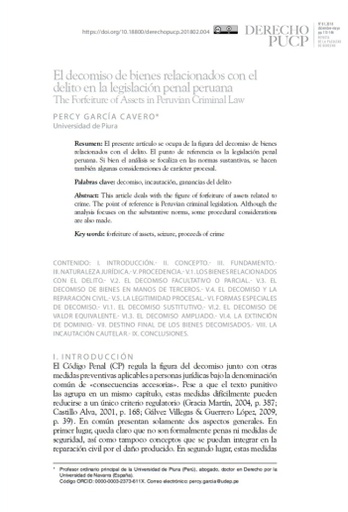 El decomiso de bienes relacionados con el delito en la legislación penal peruana
