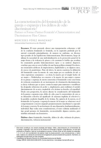 La caracterización del feminicidio de la pareja o expareja y los delitos de odio discriminatorio