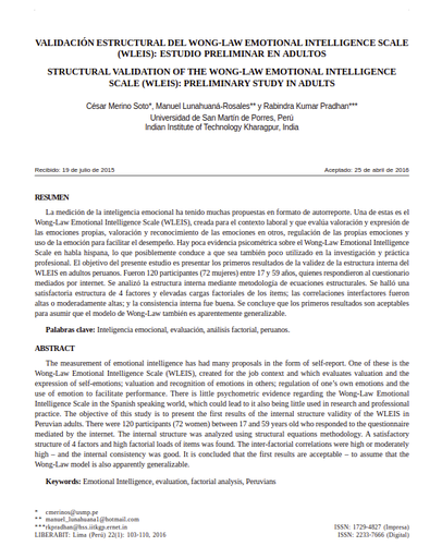 Validación estructural del Wong-Law Emotional Intelligence Scale (WLEIS): estudio preliminar en adultos