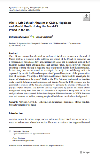 Who is Left Behind? Altruism of Giving, Happiness and Mental Health during the Covid-19 Period in the UK