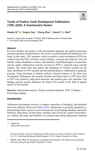 Trends of Positive Youth Development Publications (1995-2020): A Scientometric Review