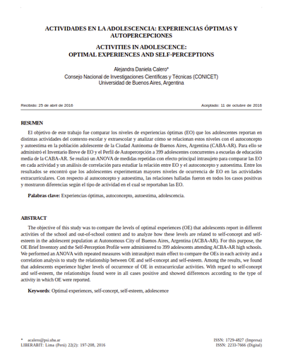 Actividades en la adolescencia: Experiencias óptimas y autopercepciones