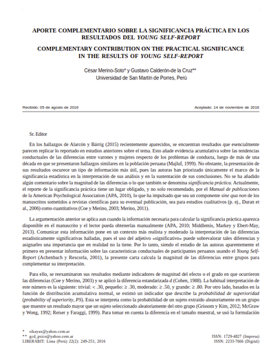 Aporte complementario sobre la significancia práctica en los resultados del Young Self-Report