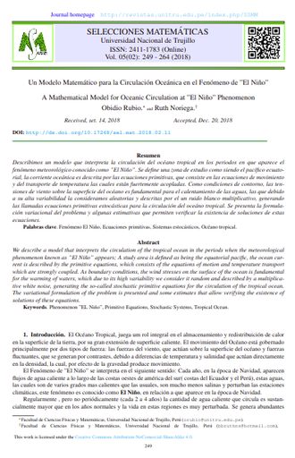 Un Modelo Matemático para la Circulación Oceánica en el Fenómeno de &quot;El Niño&quot;