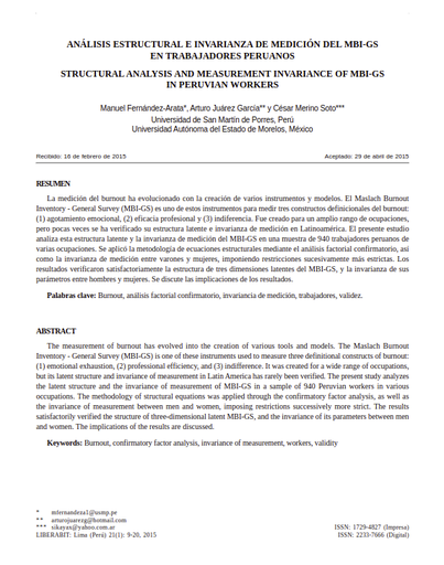 Análisis estructural e invarianza de medición del MBI-GS en trabajadores peruanos