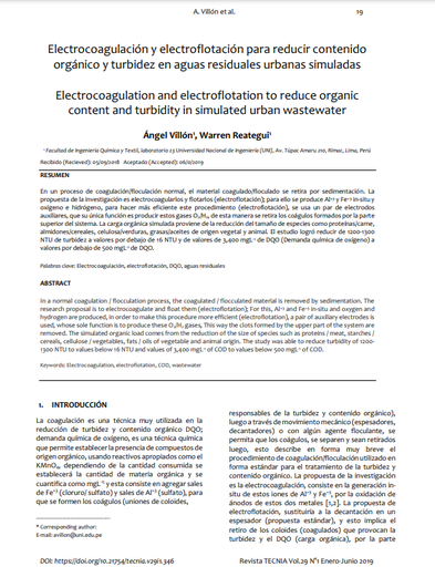 Electrocoagulación y electroflotación para reducir contenido orgánico y turbidez en aguas residuales urbanas simuladas