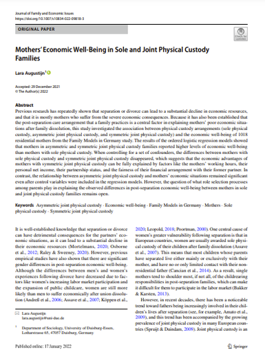 Mothers' Economic Well-Being in Sole and Joint Physical Custody Families