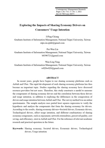 Exploring the Impacts of Sharing Economy Drivers on Consumers’ Usage Intention
