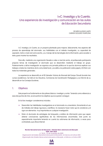 I+C: Investigo y lo Cuento. Una experiencia de investigación y comunicación en las aulas de Educación Secundaria