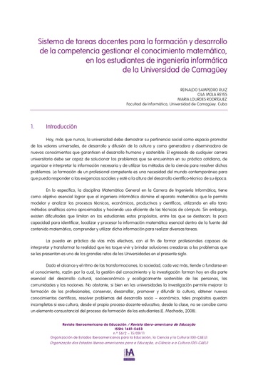 Sistema de tareas docentes para la formación y desarrollo de la competencia gestionar el conocimiento matemático, en los estudiantes de ingeniería informática de la Universidad de Camagüey