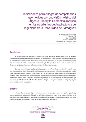 Indicaciones para el logro de competencias geométricas con una visión holística del Algebra Lineal y la Geometría Analítica en los estudiantes de Arquitectura y de Ingeniería de la Universidad de Camagüey