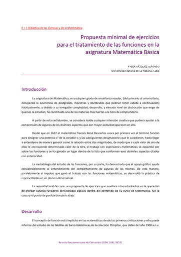 Propuesta minimal de ejercicios para el tratamiento de las funciones en la asignatura Matemática Básica