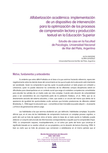 Alfabetización académica: implementación de un dispositivo de intervención para la optimización de los procesos de comprensión lectora y producción textual en la Educación Superior