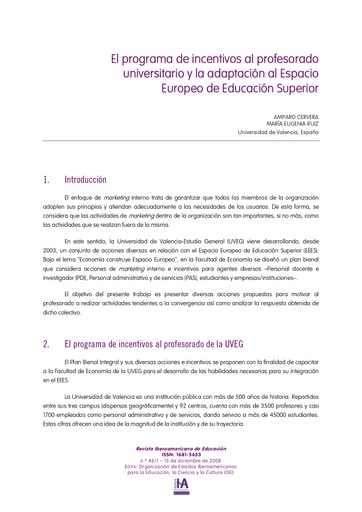 El programa de incentivos al profesorado universitario y la adaptación al Espacio Europeo de Educación Superior