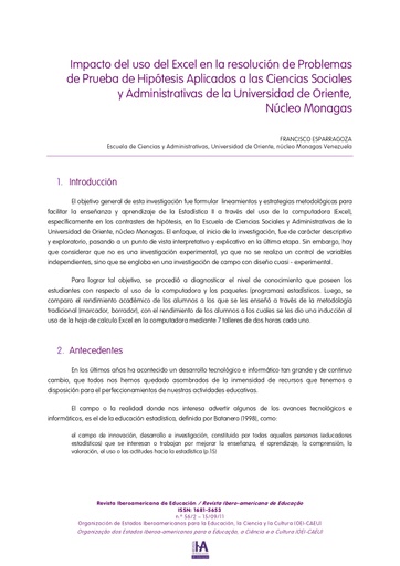 Impacto del uso del Excel en la resolución de Problemas de Prueba de Hipótesis Aplicados a las Ciencias Sociales y Administrativas de la Universidad de Oriente, Núcleo Monagas
