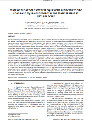 State of the art of DSRW test equipment subjected to side loads and equipment proposal for static testing at natural scale