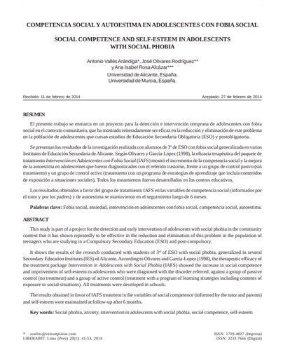 COMPETENCIA SOCIAL Y AUTOESTIMA EN ADOLESCENTES CON FOBIA SOCIAL