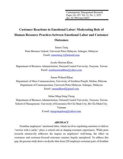 Customer Reactions to Emotional Labor: Moderating Role of Human Resource Practices between Emotional Labor and Customer Outcomes