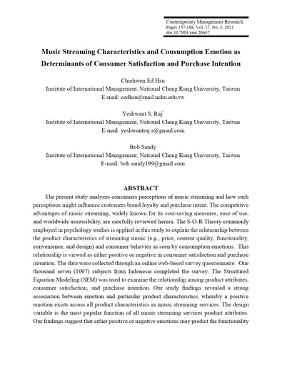 Music streaming characteristics and emotional consumption as determinants of consumer satisfactions and intention to purchase