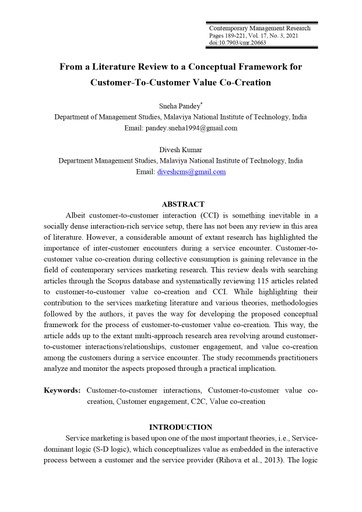From a Literature Review to a Conceptual Framework for Customer-To-Customer Value Co-Creation