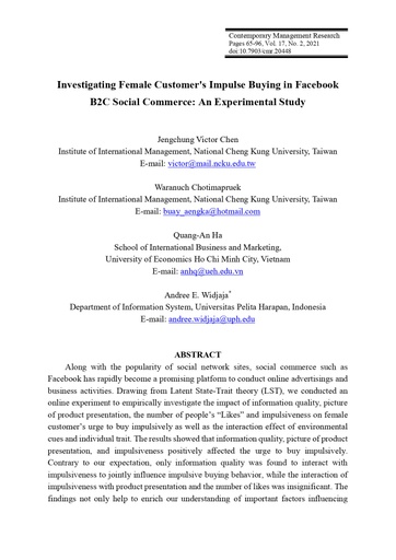 Investigating Female Costumer’s Impulse Buying in Facebook B2C Social Commerce: An Experimental Study