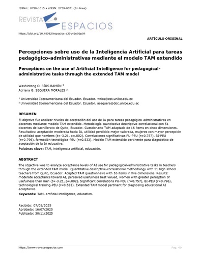 Percepciones sobre uso de la Inteligencia Artificial para tareas pedagógico-administrativas mediante el modelo TAM extendido.