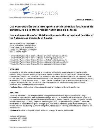 Uso y percepción de la inteligencia artificial en las facultades de agricultura de la Universidad Autónoma de Sinaloa