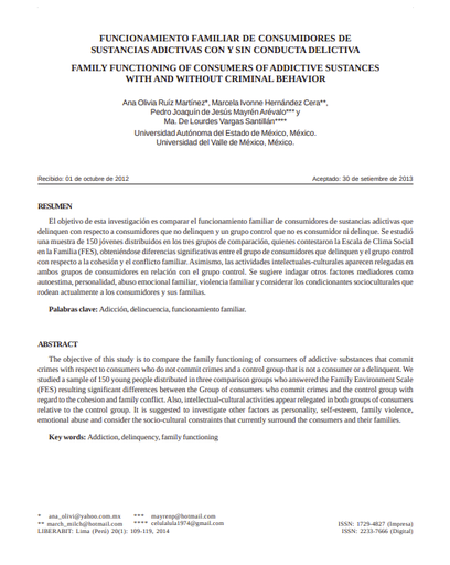 FUNCIONAMIENTO FAMILIAR DE CONSUMIDORES DE SUSTANCIAS ADICTIVAS CON Y SIN CONDUCTA DELICTIVA
