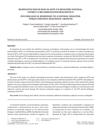 RESPUESTAS PSICOLÓGICAS ANTE UN DESASTRE NATURAL: ESTRÉS Y CRECIMIENTO POSTRAUMÁTICO