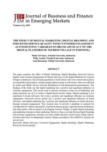 The effect of digital marketing, digital branding and perceived service quality with customer engagement as intervening variables on brand advocacy on the digital platform of tourism village in Indonesia