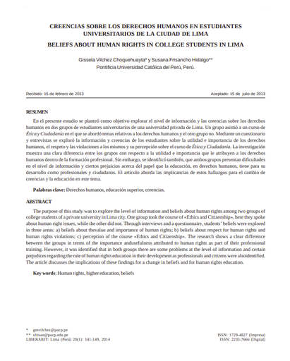 CREENCIAS SOBRE LOS DERECHOS HUMANOS EN ESTUDIANTES UNIVERSITARIOS DE LA CIUDAD DE LIMA