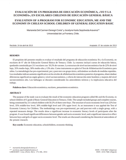 EVALUACIÓN DE UN PROGRAMA DE EDUCACIÓN ECONÓMICA, &quot;YO Y LA ECONOMÍA&quot;